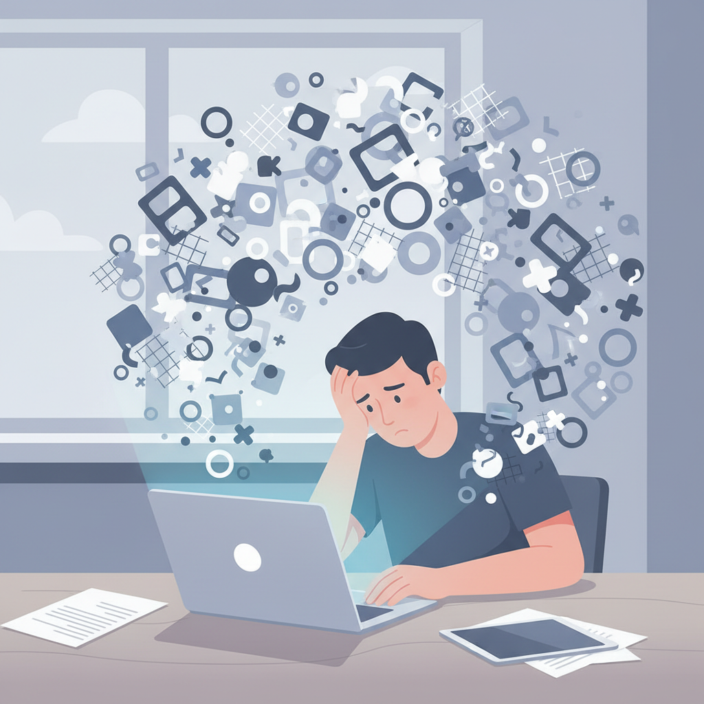 Illustration of a person overwhelmed by too many disconnected tools